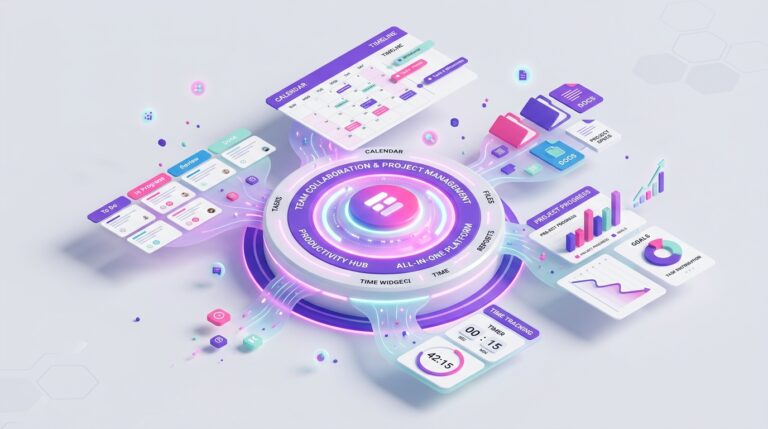 ClickUp Review - 3D isometric dashboard showing task management, time tracking, and productivity analytics modules
