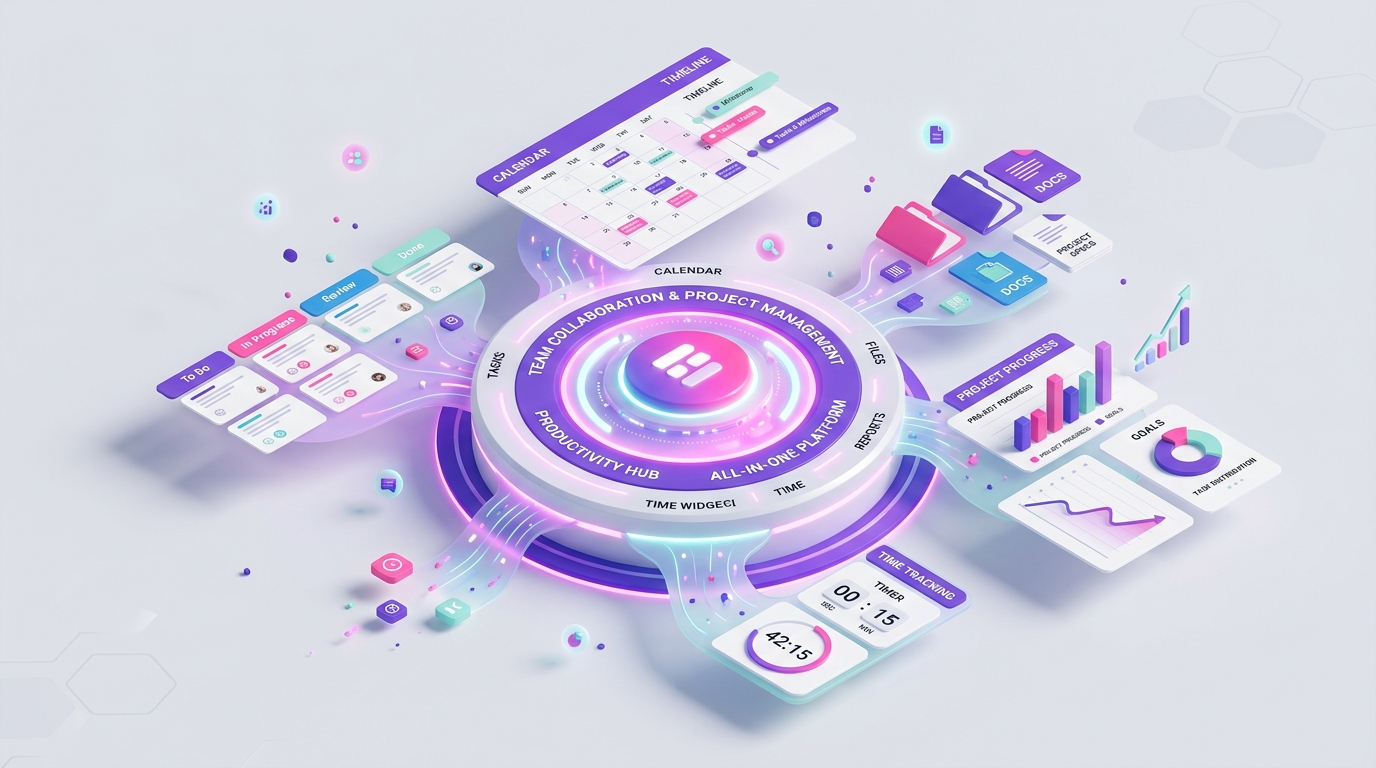 ClickUp Review - 3D isometric dashboard showing task management, time tracking, and productivity analytics modules