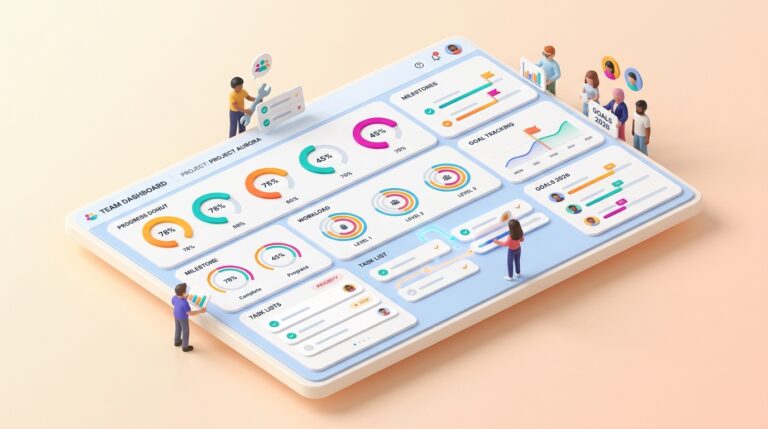 Monday.com Review - 3D isometric visual Work OS dashboard showing colorful task boards, automations, and team workflow views
