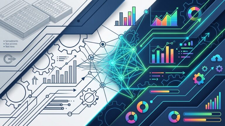 Piktochart Review - Abstract isometric graphic illustrating data transformation from raw spreadsheets to colorful infographics