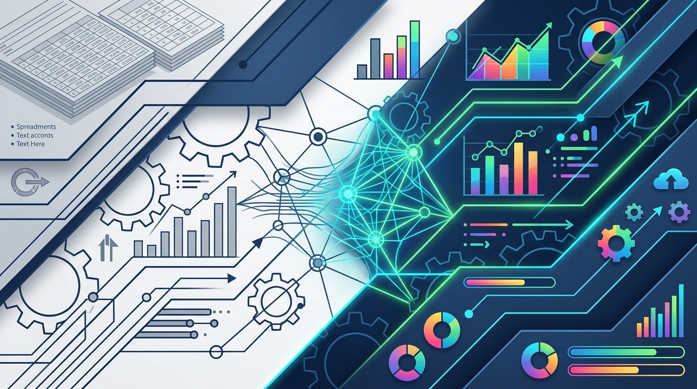 Piktochart Review - Abstract isometric graphic illustrating data transformation from raw spreadsheets to colorful infographics