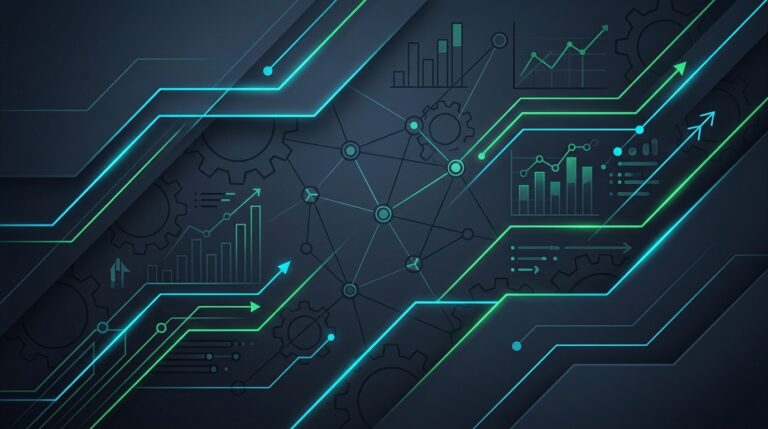Abstract geometric banner with analytics metrics and connectivity nodes for Time Doctor review article