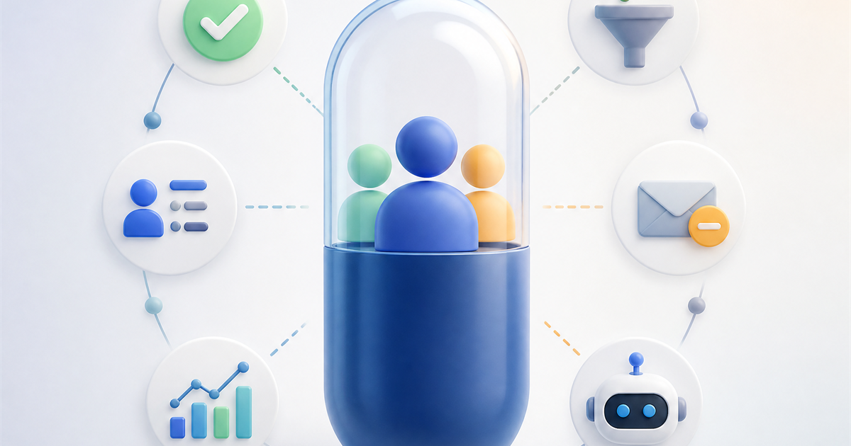 Editorial visual representing Capsule CRM contact management, reporting, email and marketing workflows, automation, and AI.