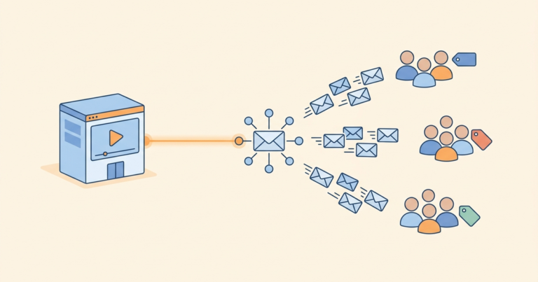 Illustration of an online course building connected to an email hub that sends launch emails to three tagged groups of subscribers