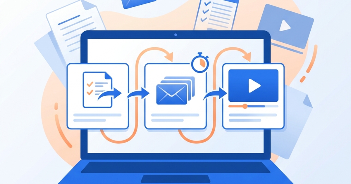 Laptop showing a sign-up form, automated email, and course lesson connected in one workflow