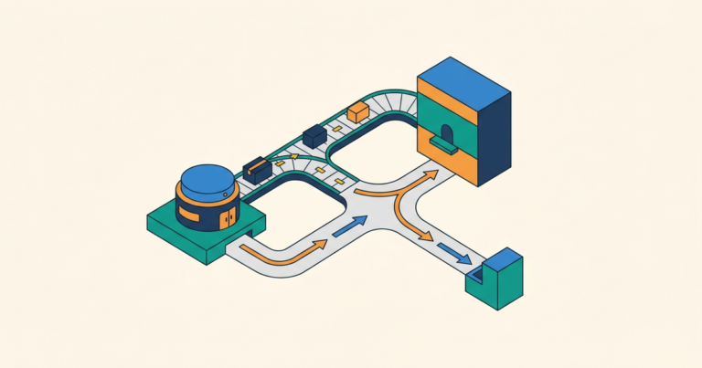 Isometric rail handing parcels from a round automated unit to a staffed counter, representing a chatbot-to-human handoff