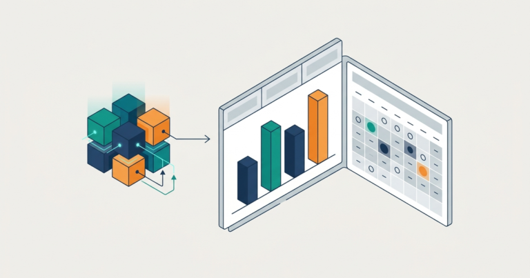 Isometric illustration of data cubes turning into a report panel with a bar chart and a scheduling calendar
