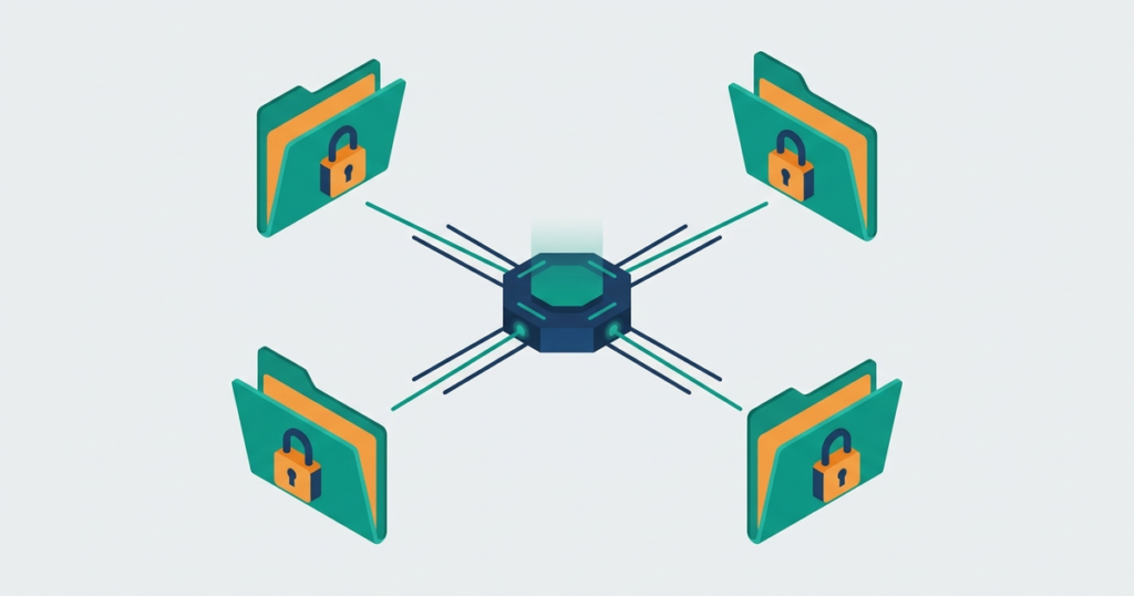 Isometric illustration of a central hub connected to four padlocked folders, representing separate client accounts