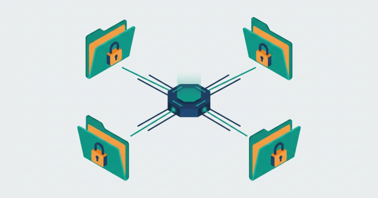 Isometric illustration of a central hub connected to four padlocked folders, representing separate client accounts