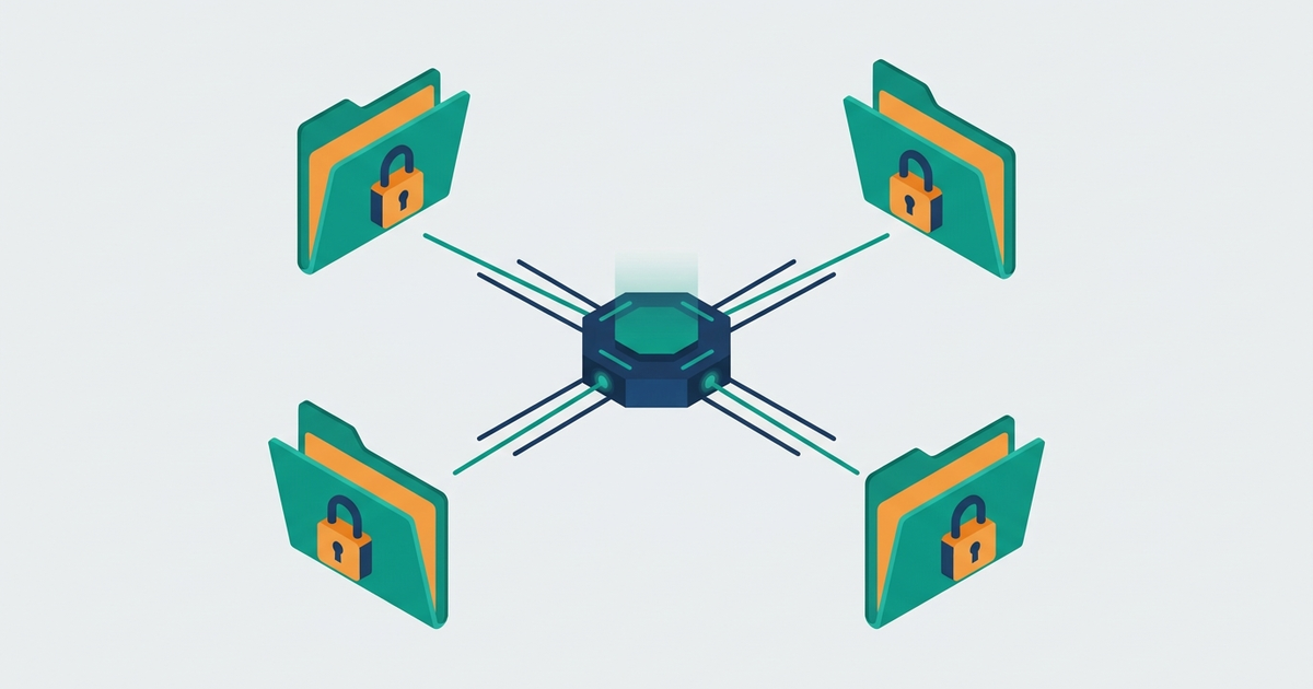 Isometric illustration of a central hub connected to four padlocked folders, representing separate client accounts