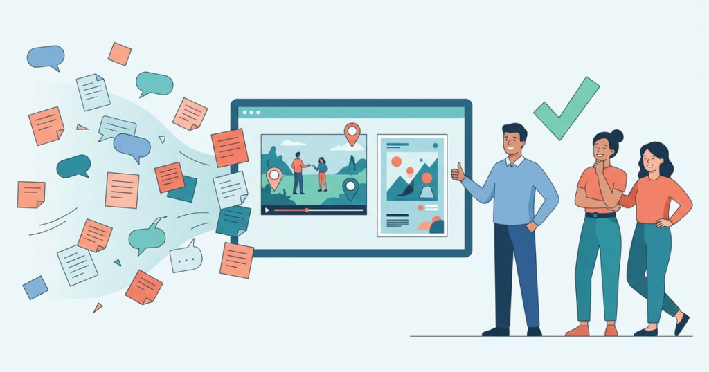 Scattered feedback notes flowing into one screen showing a video frame and a design with pinned comments, while a small team gives a thumbs-up next to a green check mark