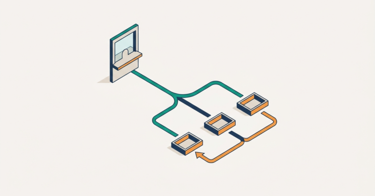 Isometric payment flow splitting from a service window into three trays with a return arrow for refunds