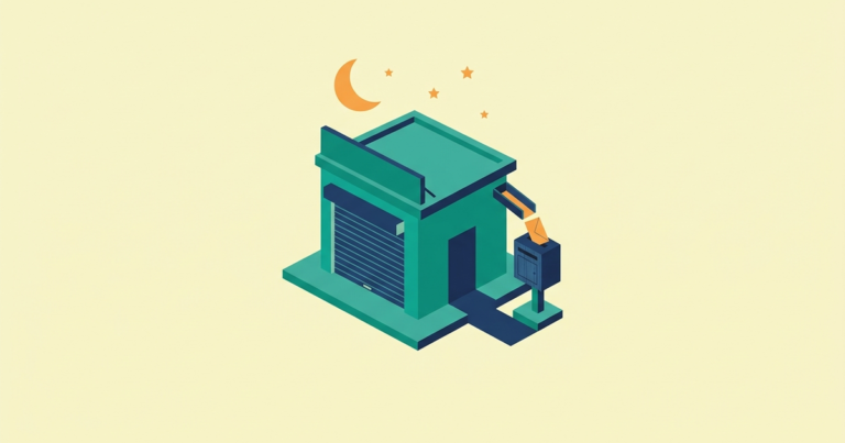 Isometric closed small store at night with a crescent moon and an envelope dropping into a mailbox, representing after-hours live chat