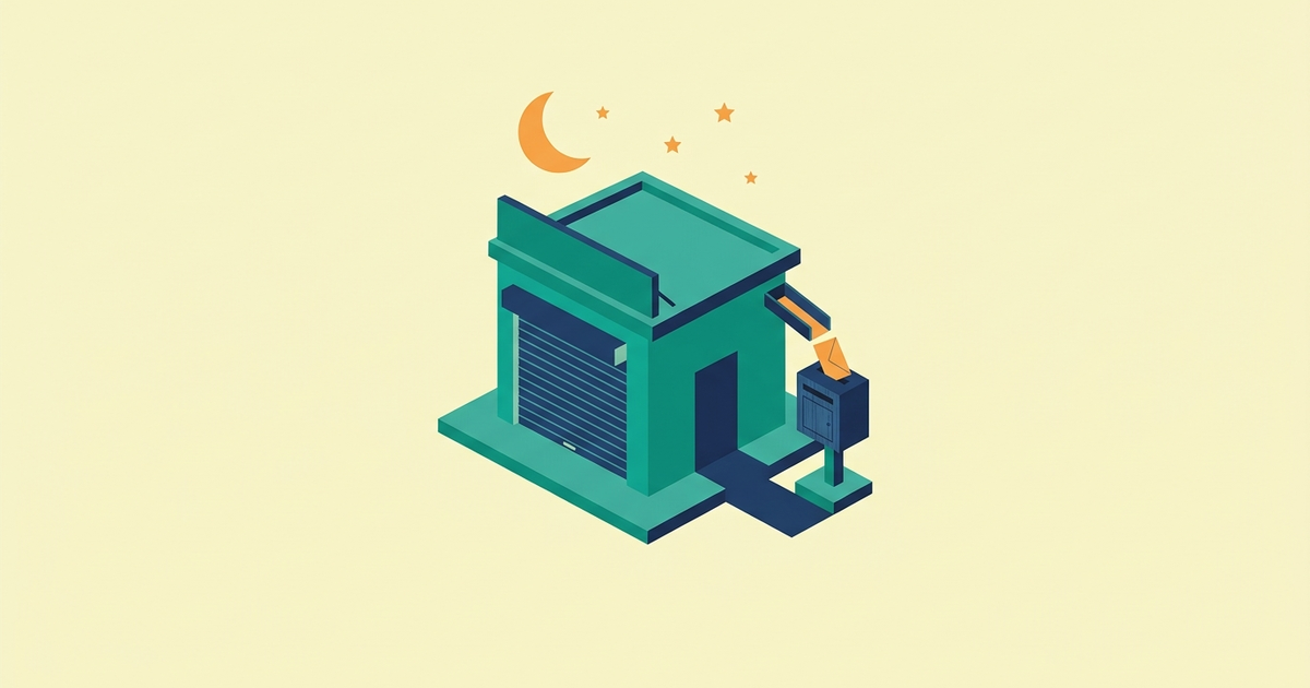 Isometric closed small store at night with a crescent moon and an envelope dropping into a mailbox, representing after-hours live chat