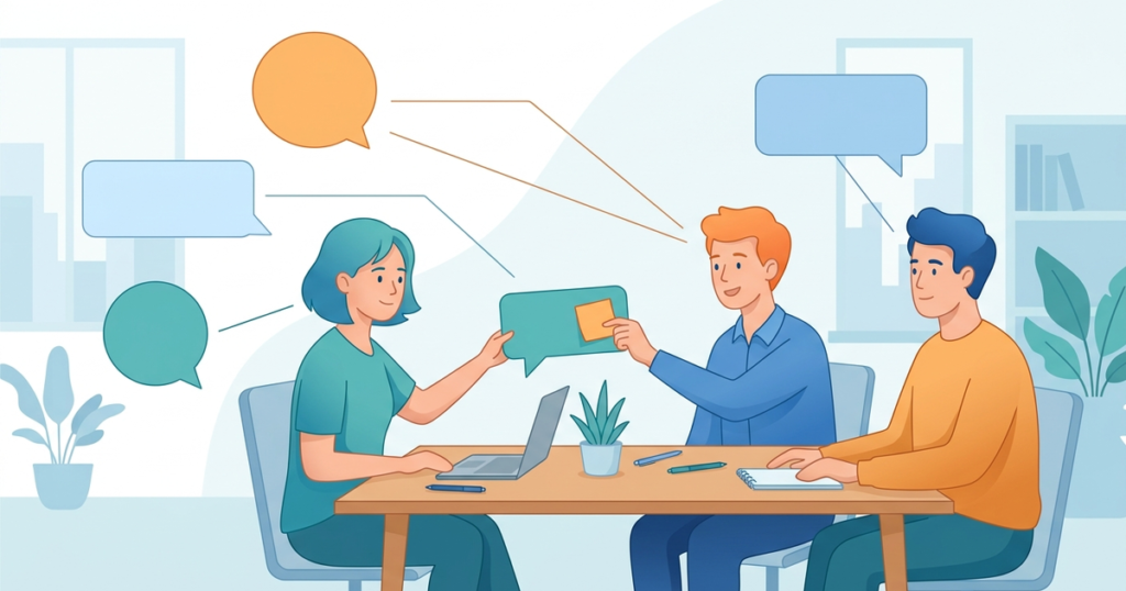 Illustration of a small team where each incoming customer message is connected to one team member
