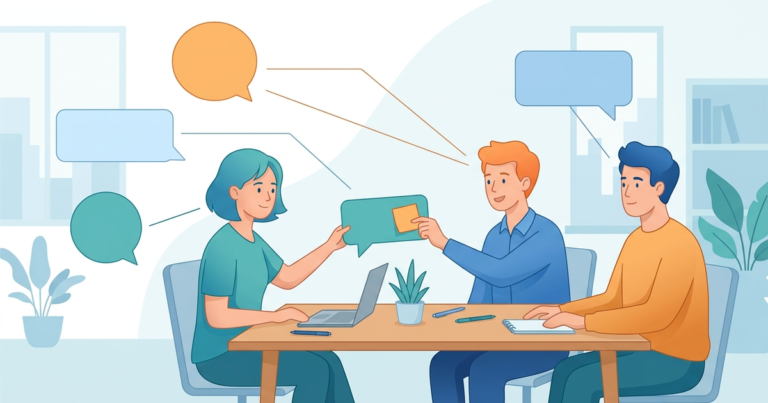 Illustration of a small team where each incoming customer message is connected to one team member