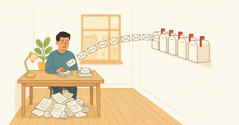 Illustration of a small business owner at a desk as a line of envelopes flows to a row of mailboxes, with discarded spreadsheet papers on the floor