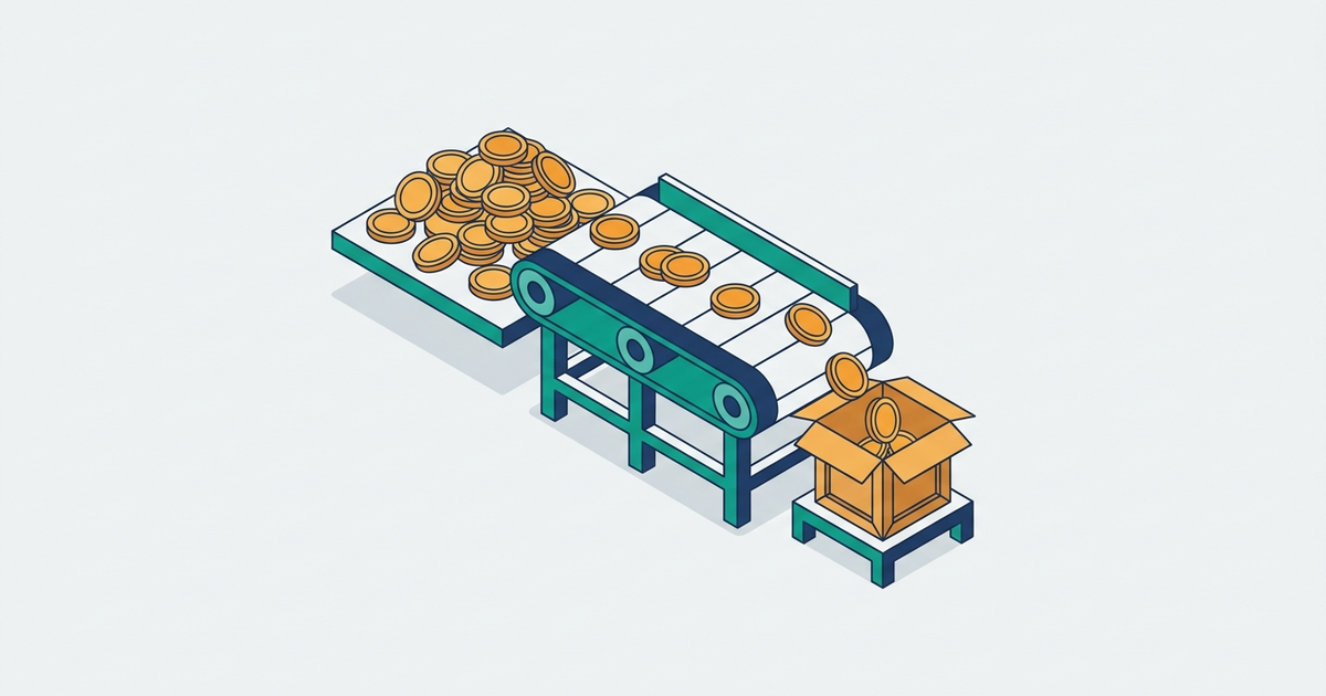 Illustration of coins moving along a short conveyor into a small box