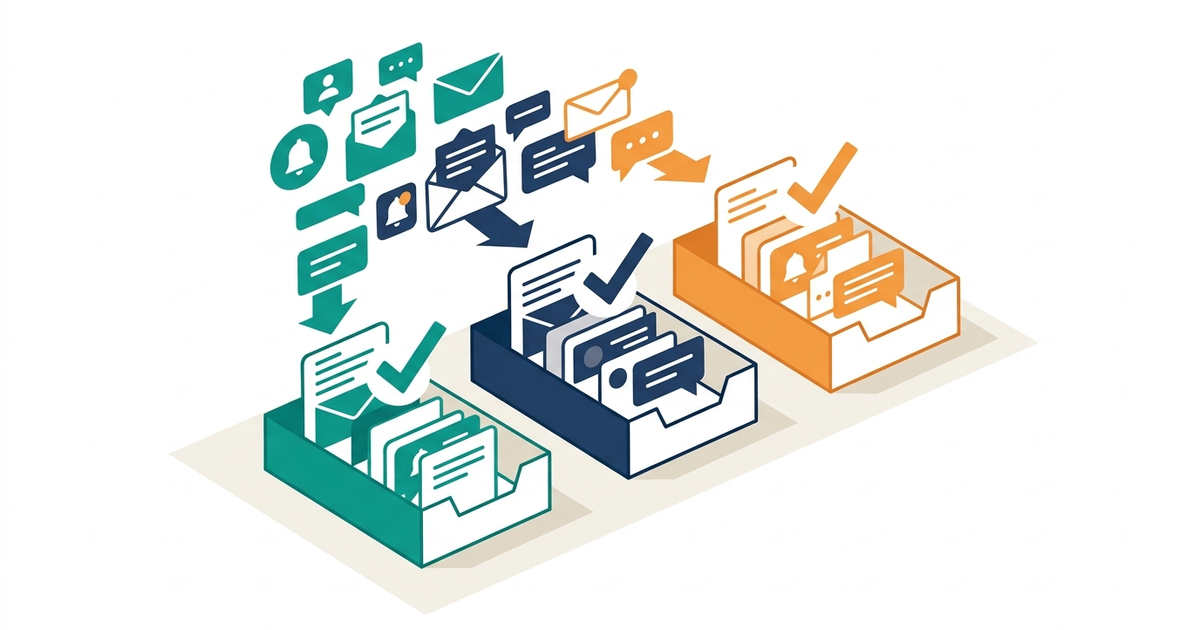 Isometric illustration of message bubbles and envelopes being sorted into three checked inbox trays