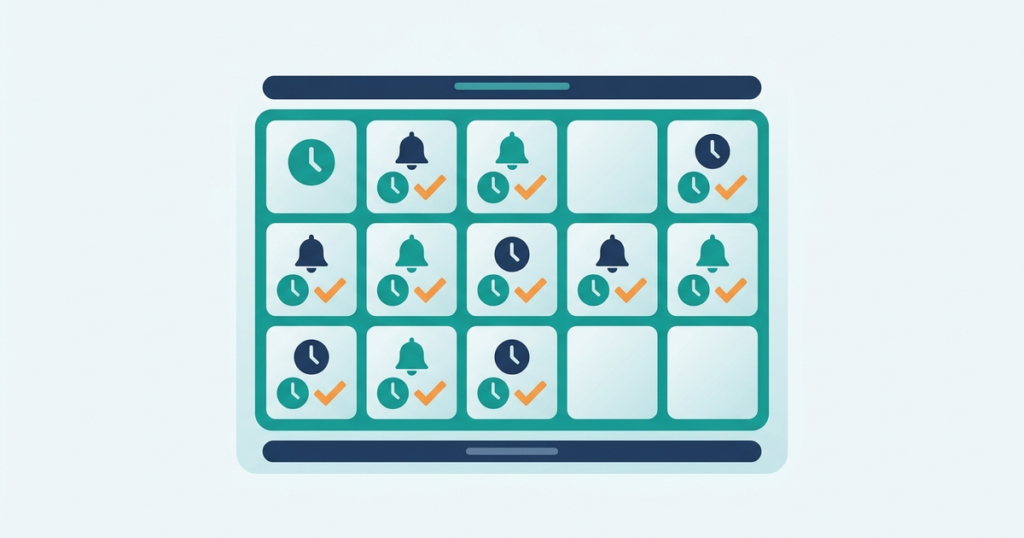 Illustration of an online booking calendar board with clock, bell and checkmark cards