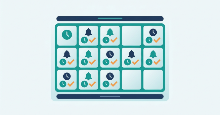 Illustration of an online booking calendar board with clock, bell and checkmark cards