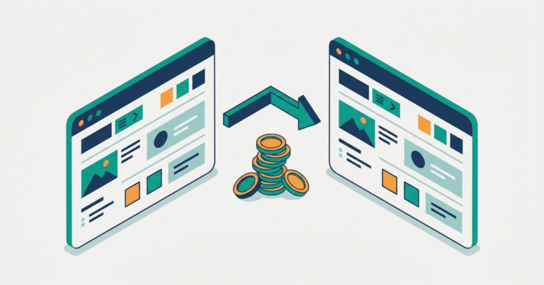 Illustration of two web app screens connected by an arrow and a stack of coins
