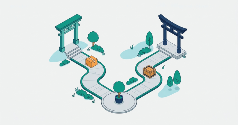 Isometric forked path with two gates and parcels, representing choosing between two affiliate tools