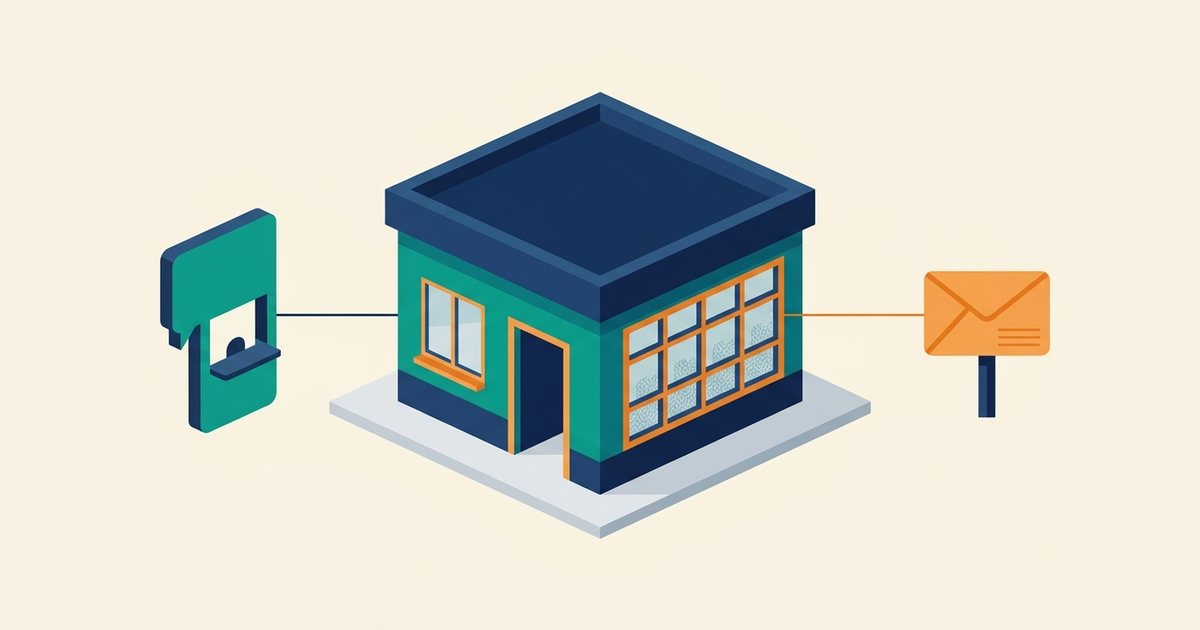 Isometric small shop connected to a chat-bubble counter and an envelope mailbox, representing live chat versus email