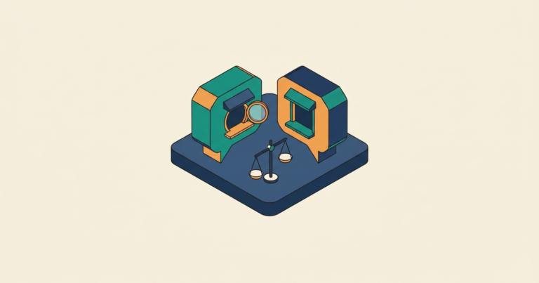 Isometric platform with two chat-bubble windows and a small balance scale, representing comparing two live chat tools