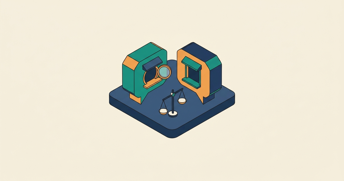 Isometric platform with two chat-bubble windows and a small balance scale, representing comparing two live chat tools