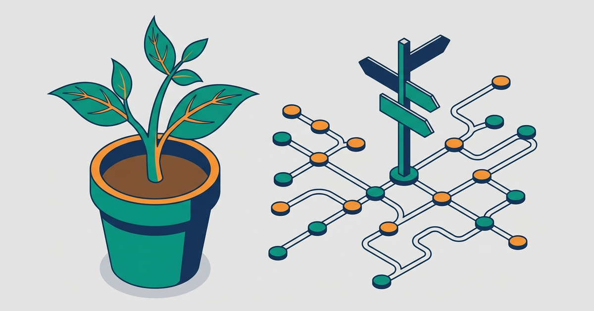 Illustration of a sprouting potted plant next to a signpost and a network of connected nodes