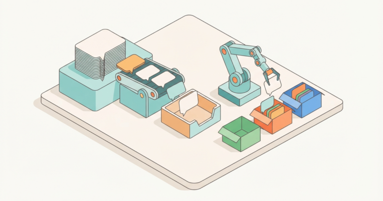 Illustration of a conveyor and robot arm sorting speech bubbles into inbox boxes, representing comment and DM replies