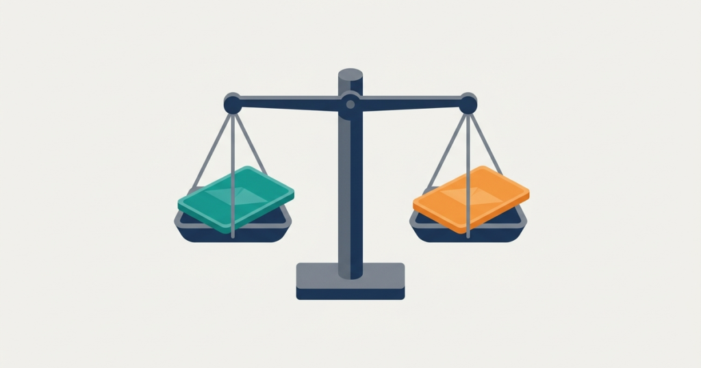 Isometric illustration of a balance scale with a teal panel on one side and an orange panel on the other, representing a platform comparison