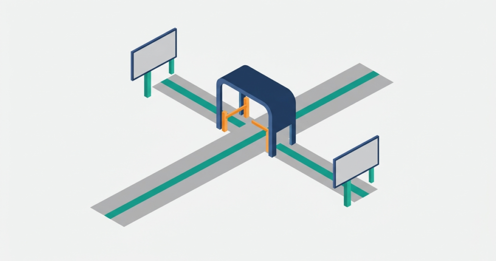 Isometric illustration of a road splitting at a checkpoint toward two separate panels, representing a choice point