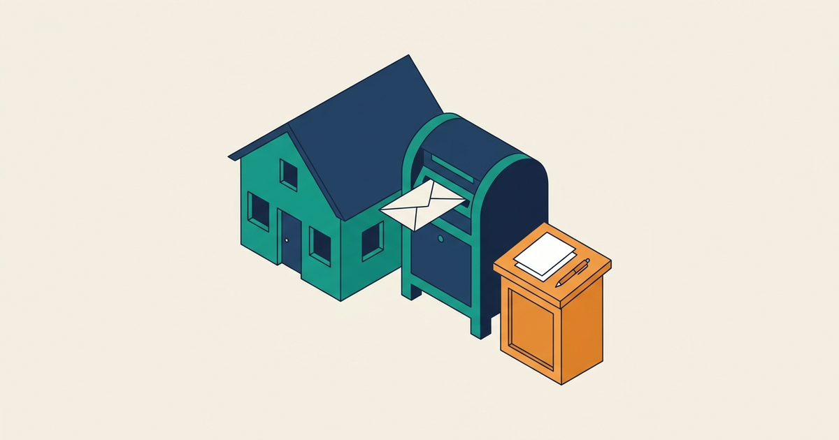 Isometric small store beside a large mailbox and a small desk with a paper form and pen, representing email and contact form support